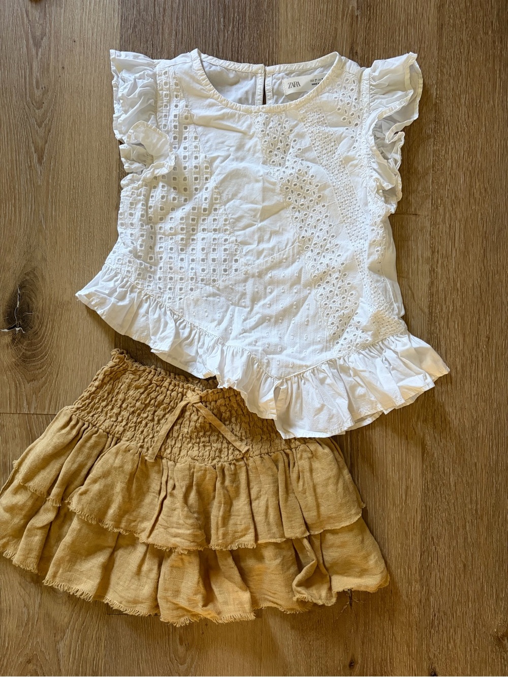 Zara White Eyelet Ruffle Top with Mustard Tiered Skirt outfit